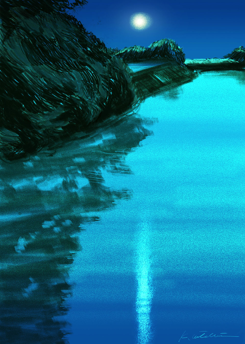イラストレーション 風景 木 森 湖 夜 月