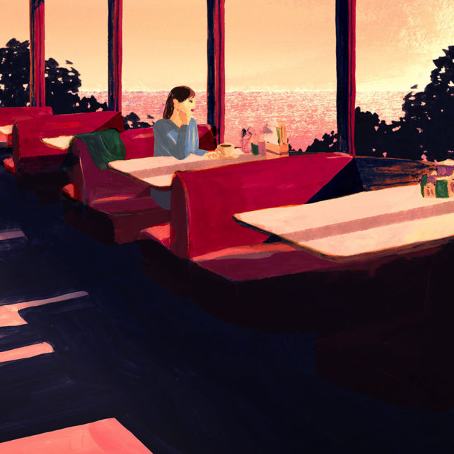 イラストレーション 人物 夕暮れ　海の見えるレストラン
