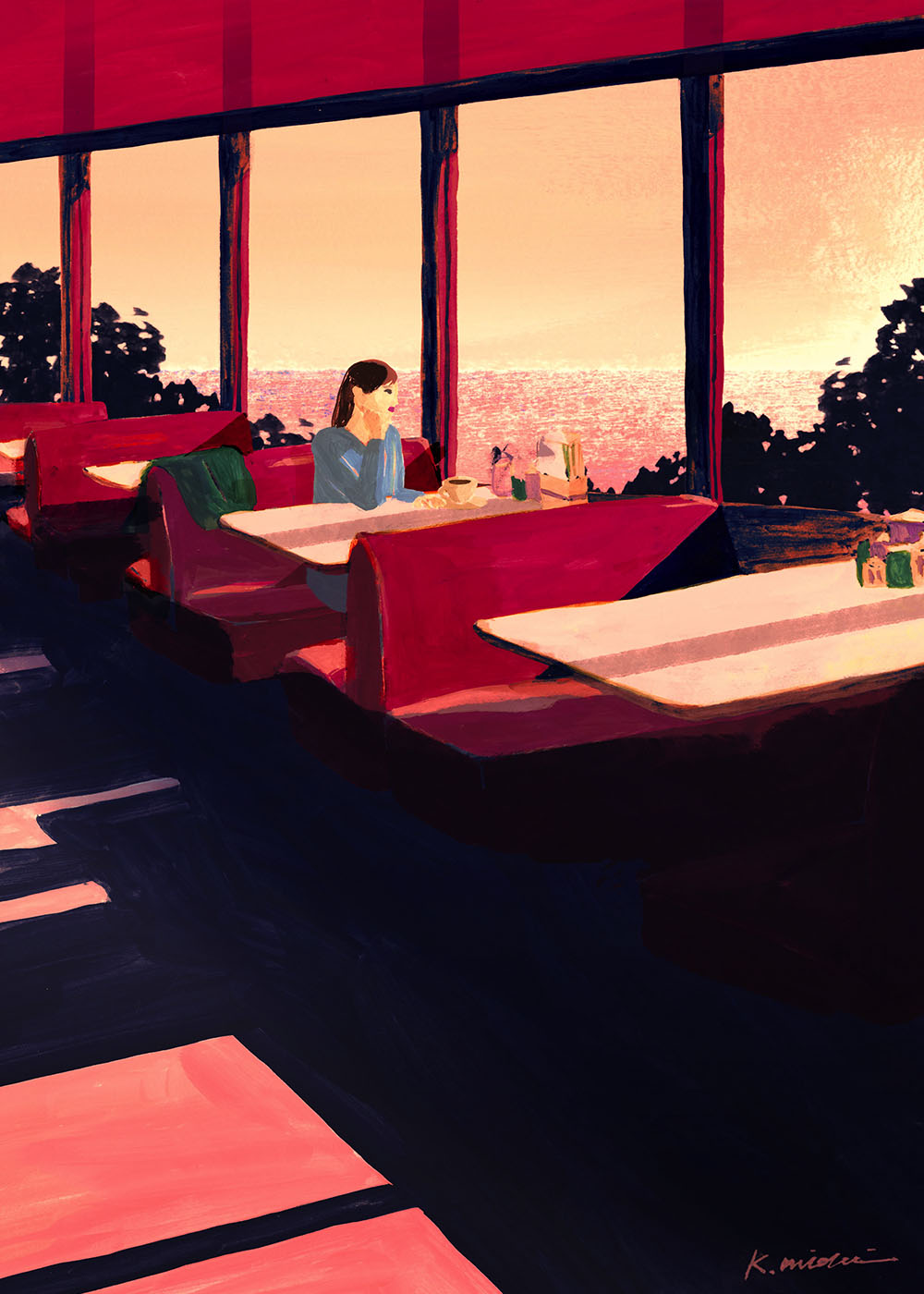 イラストレーション 人物 夕暮れ　海の見えるレストラン