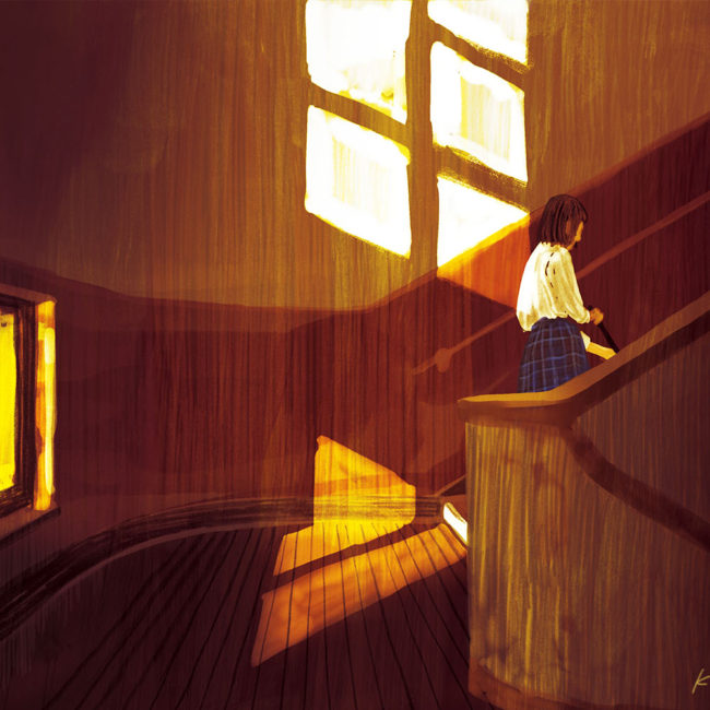 イラストレーション 風景 夕景 放課後 少女 学校 校舎 窓 装画